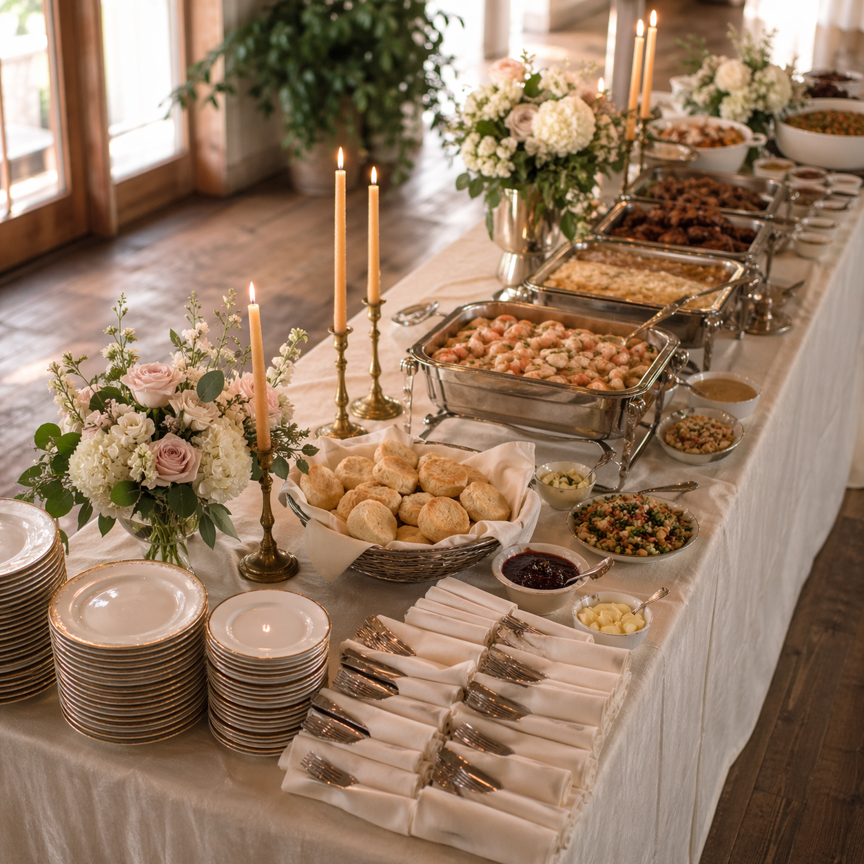 Two-meat Southern buffet line with chafing dishes