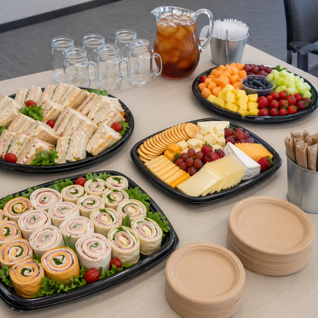 Drop-off catering spread with platters and sweet tea