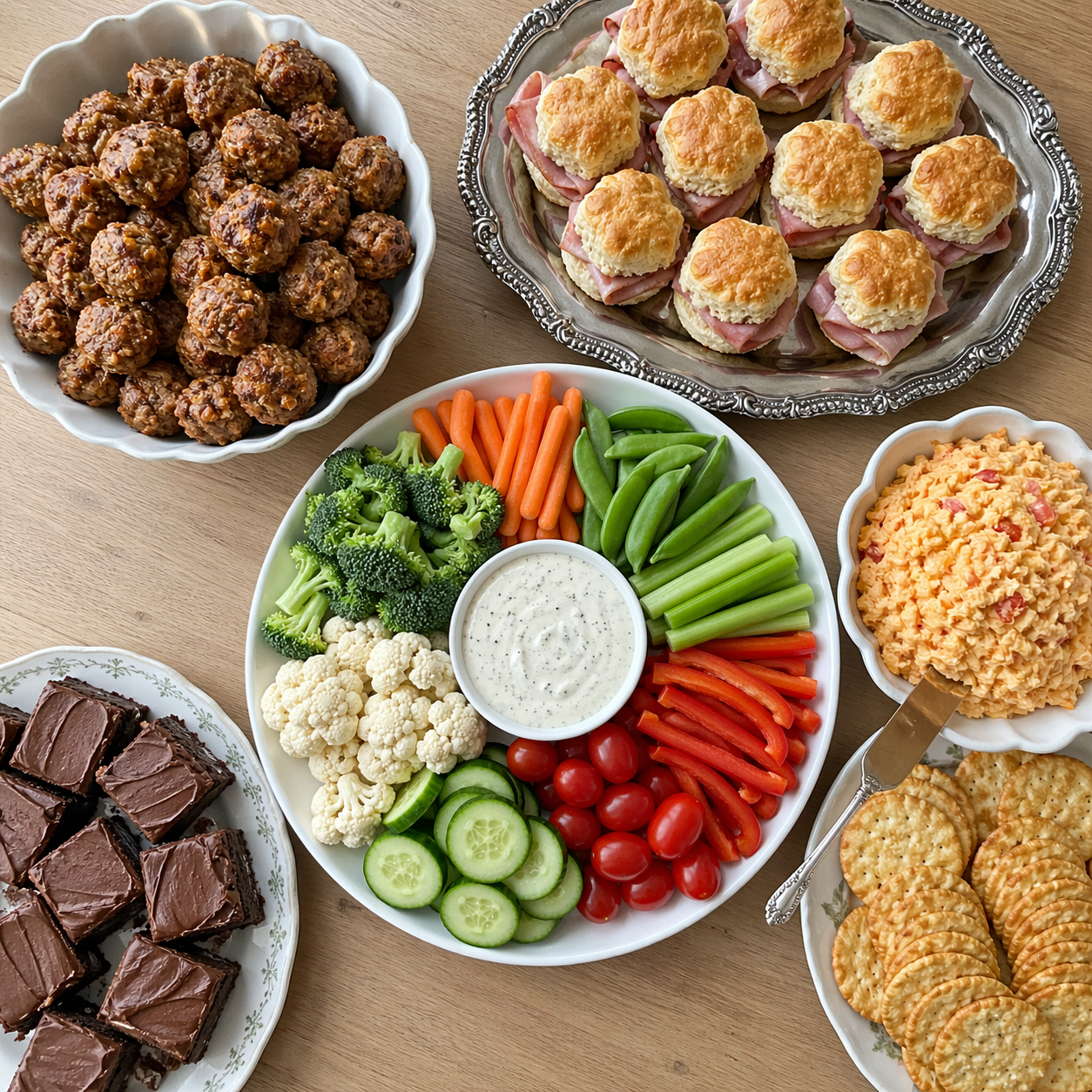 Finger food spread with meatballs, sausage balls, and a sandwich tray
