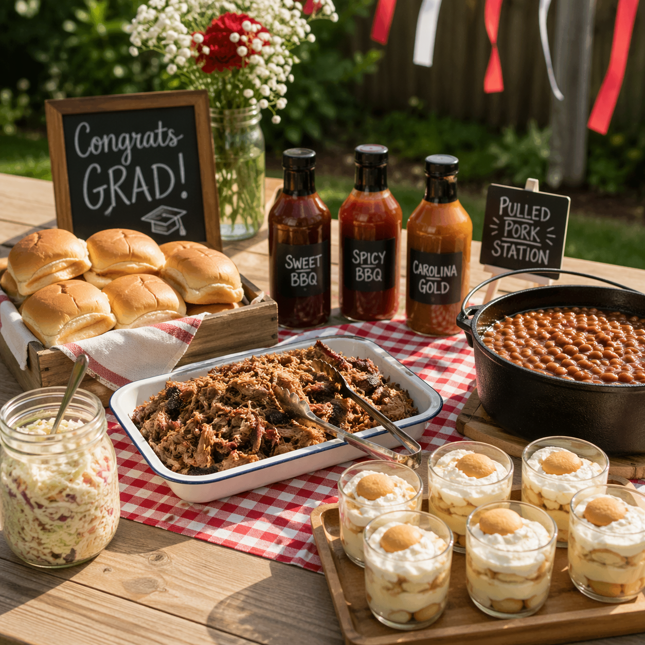 Backyard graduation party with pulled pork and fixings