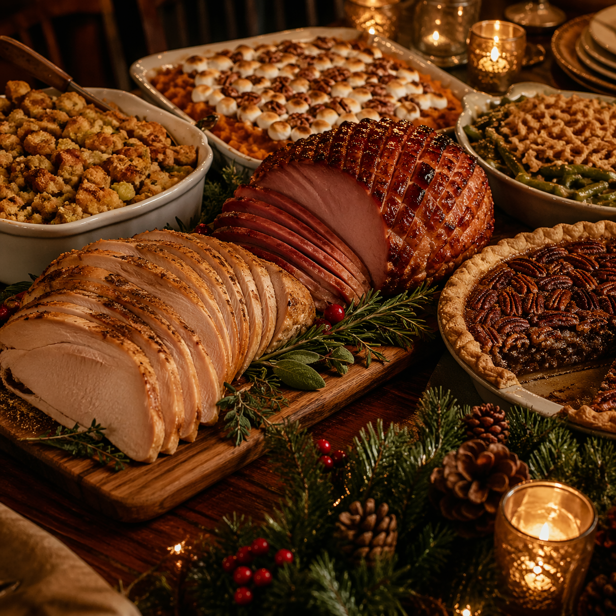 Holiday buffet with turkey, ham, and Southern sides