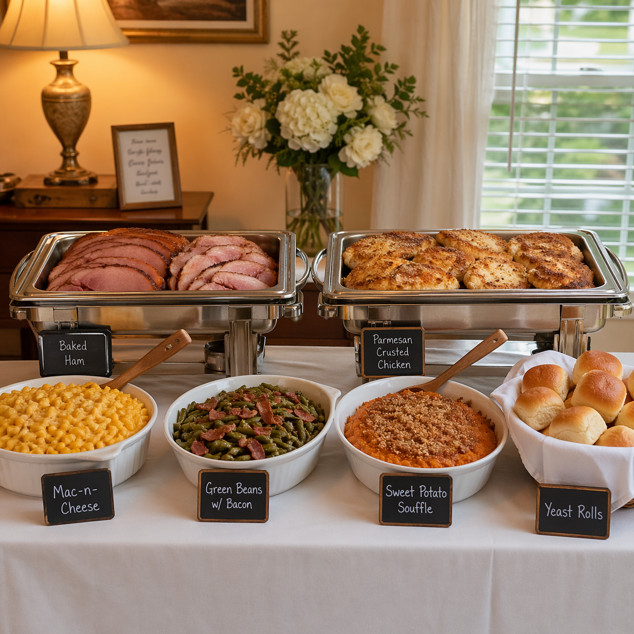 Wedding reception buffet with ivory linens and a Southern spread